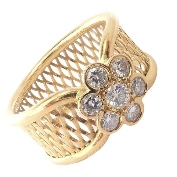 Authentic! Van Cleef & Arpels 18k Yellow Gold Diamond Mesh Fleurette Ring sz 7 - Picture 1 of 12